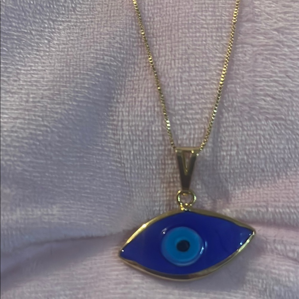 Gold and Blue Eye-Shaped Pendant Necklace in
